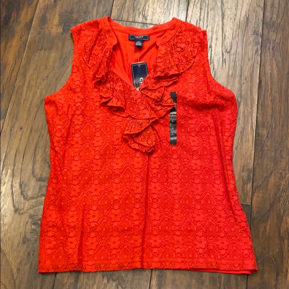 CHAPS Denim Lace Front Ruffle Sleeveless Top